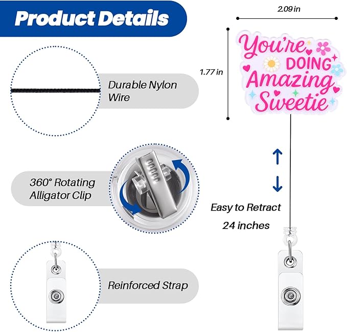 You're Doing Amazing Sweetie Funny Badge Reel, Cute Retractable ID Card Badge Holder, Name Tag Medical Work Badge Clip for RN LPN CNA MA ER Night Shift Nurse OB/GYN L&D Doctor Teacher, Nurse Gifts