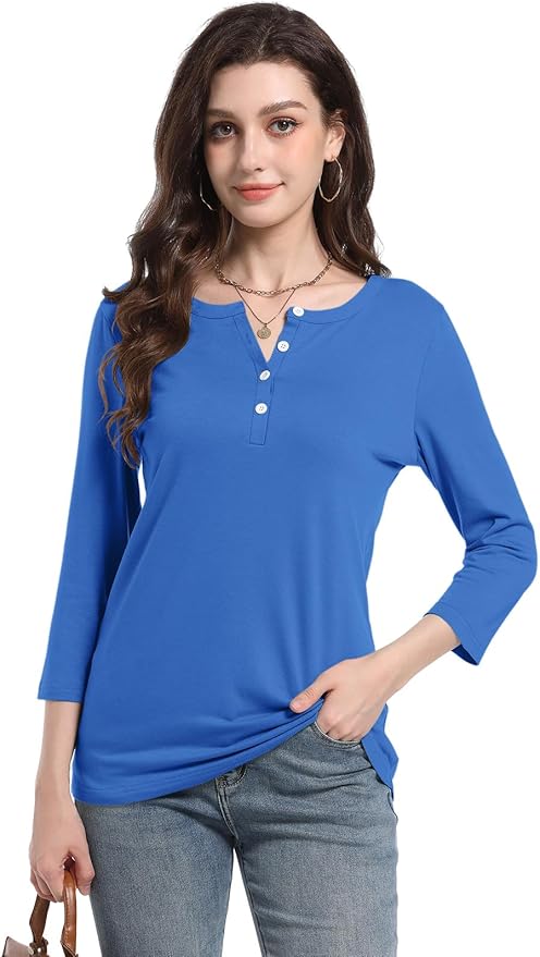 PGANDS Women's 3/4 Length Sleeve T Shirts Button Down Scoop Neck Casual Tops