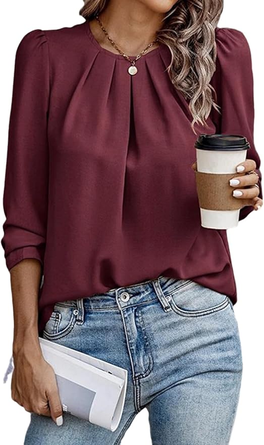 Samefar Womens Tops Dressy Casual Pleated Crew Neck Long Sleeve Shirts Office Work Chiffon Blouses