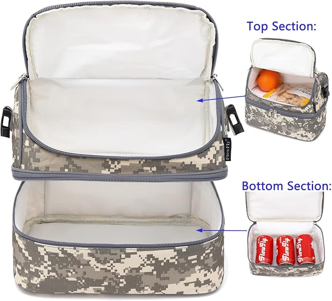 FlowFly Kids Double Decker Cooler Insulated Lunch Bag Large Tote for Boys, Girls, Men, Women, With Adjustable Strap, Digital Camo