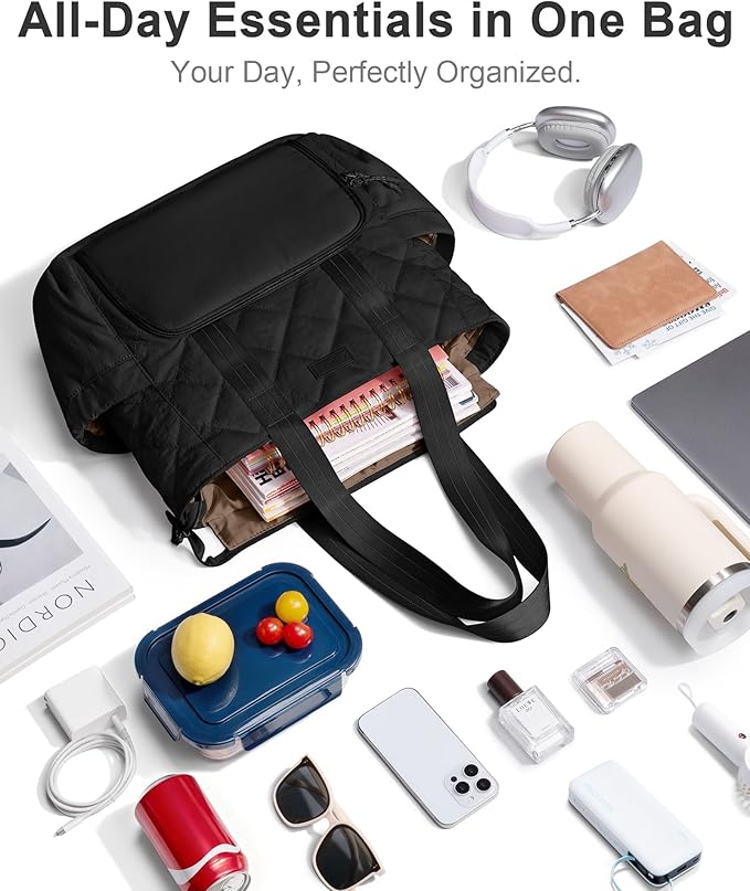 Puffer Lunch Tote Bag for Women, 15.6 Inch Laptop Work Bag with Insulated Lunch Compartment & Large Cup Holder, Lightweight Quilted Puffy Lunch Box Purse for Teacher Nurse Travel Office Daily School