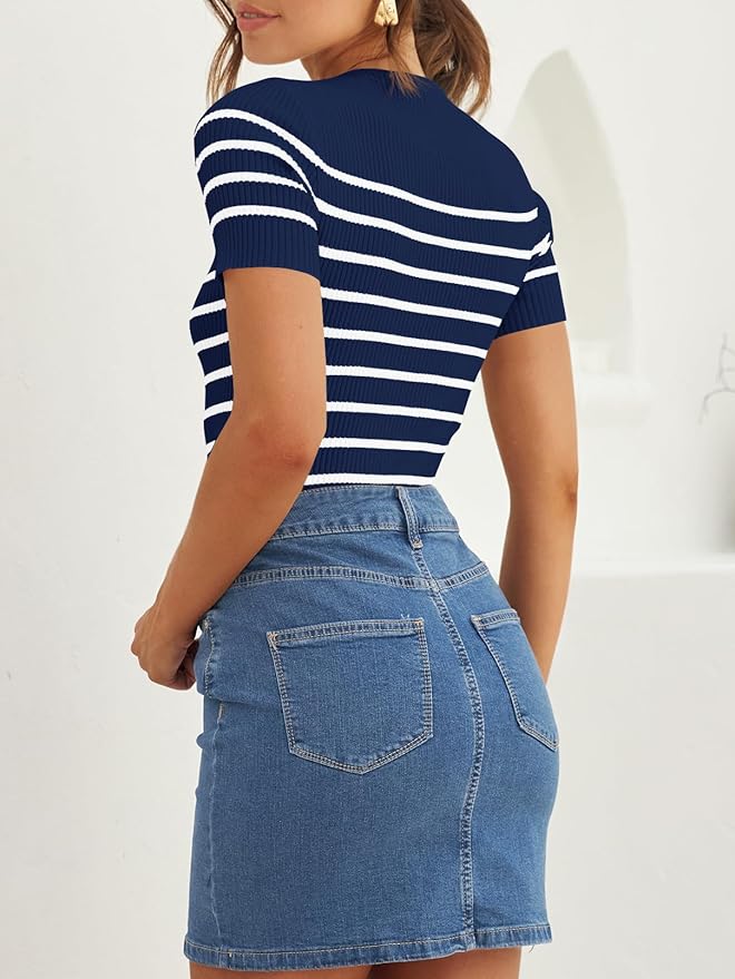 ZESICA Women's Short Sleeve Crewneck Striped T Shirt 2026 Summer Ribbed Knit Slim Fit Casual Basic Tee Tops