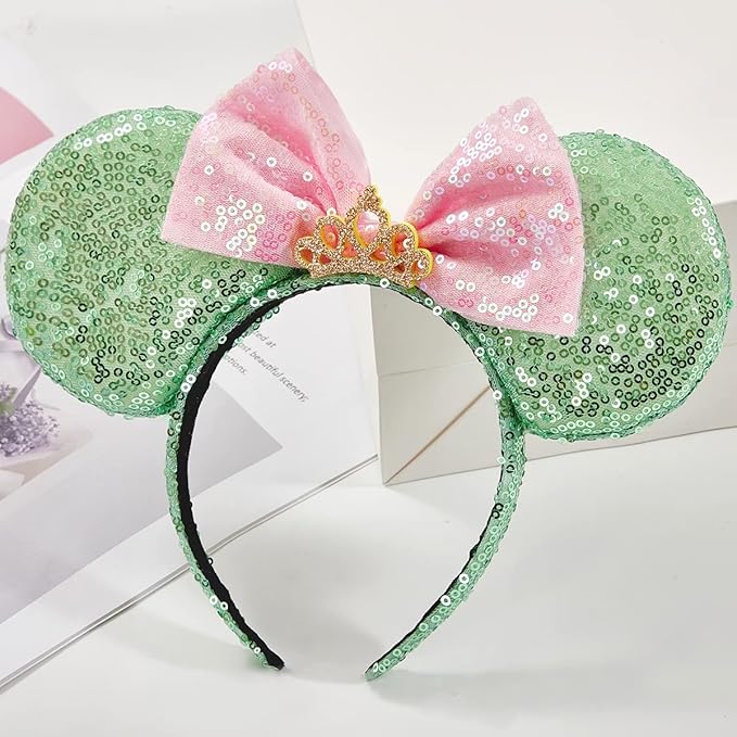 RAZKO Mouse Ears Headband, Sequin Green Mice Ears Hairband Animal Ears Headband for Women Girls Hair Accessories (Green Crown L)