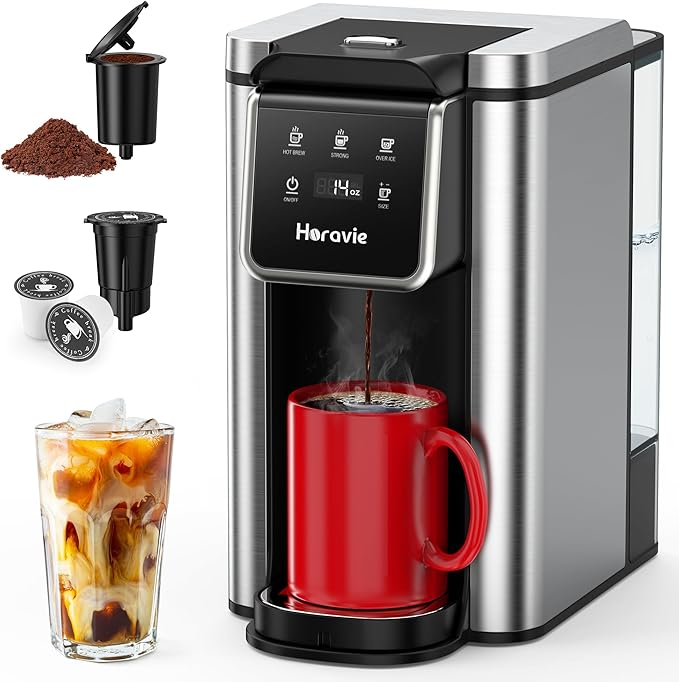 Horavie Single Serve Coffee Maker for K-Cup Pod and Grounds, Hot and Iced Coffee Maker, 6 to 14oz Brew Sizes, 50oz Removable Reservoir, Strong Button Feature, Fit 6.5" Mugs, Stainless Steel, Black