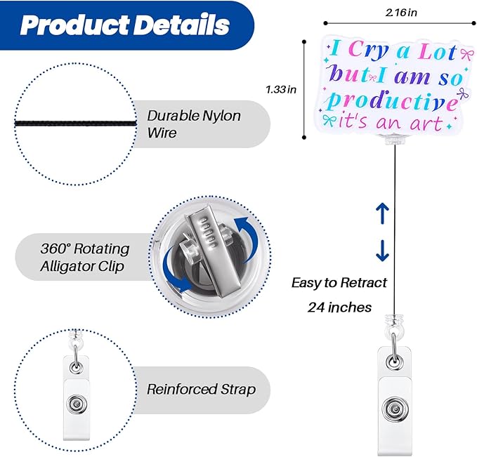 I Cry A Lot But I Am So Productive Funny Nurse Badge Reel, Cute Retractable ID Card Badge Holder, Name Tag Medical Badge Buddy for MA CNA PCA OB/GYN RN Night Shift Nurse Student Friends Social Workers