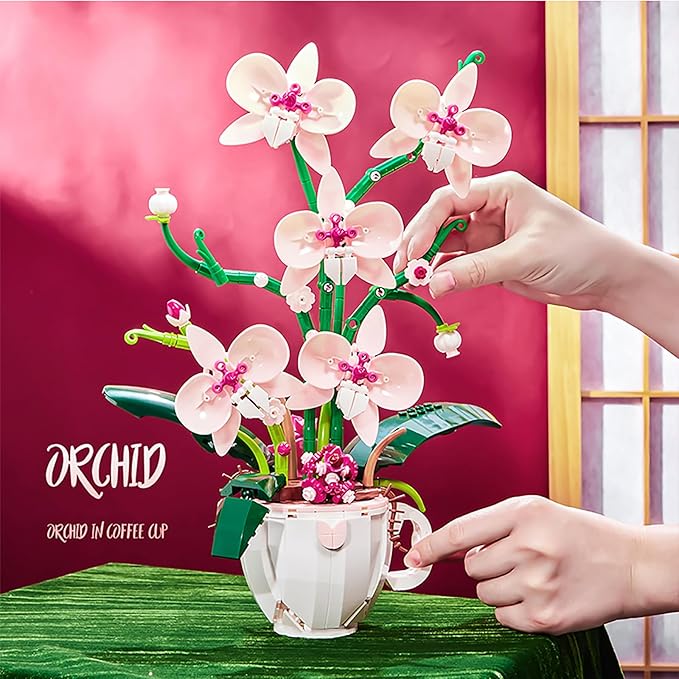 iixeal Pink Orchid Flower Building Set for Adults, Coffee Cup Orchid Botanical Collection Plant Building Kit, Home and Office Decor Gift for Christmas Day, Valentines, Birthday 567pcs