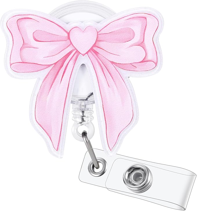 Pink Bow Badge Reel, Cute Retractable ID Card Badge Holder, Name Work Badge Clip for ICU RN LPN CNA MA ER Night Shift Nurse Nursing Student OB/GYN Doctor Librarian Psychologist Teacher, Nurse Gifts