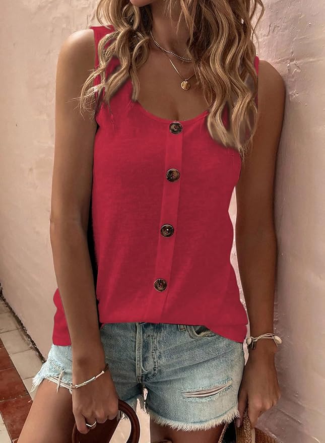 SHEWIN Womens Tank Tops Solid Button Crewneck Sleeveless Summer Tops Loose Fit