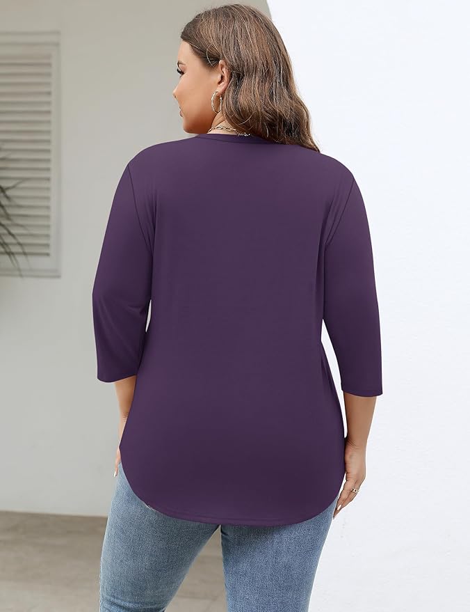 TFSDOD Womens Plus Size Tops V Neck T Shirts 3/4 Sleeve Blouse Summer Casual Tees XL-5X