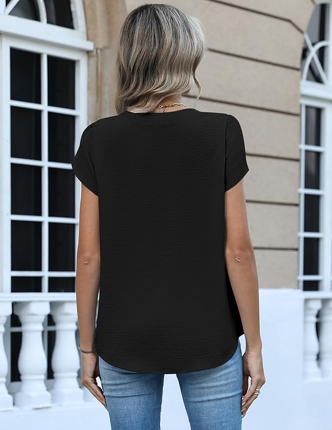 Zeagoo Womens Tops Dressy Casual Textured Blouses Cap Short Sleeve Shirts V Neck Button Up Summer Spring Work Tshirt Clothes