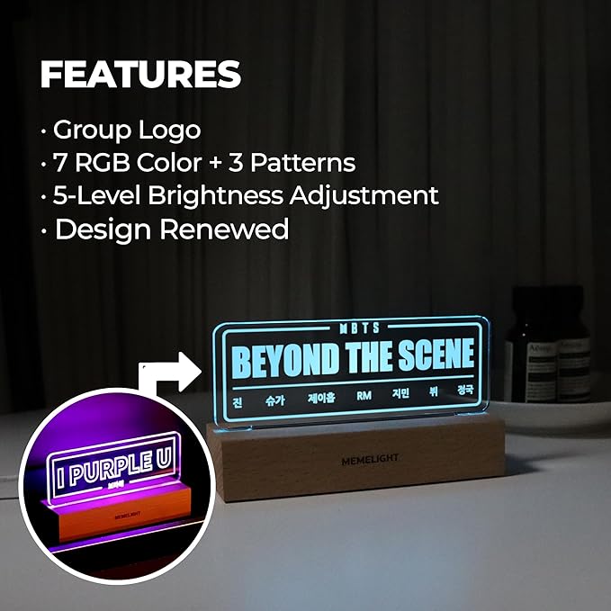 MEMELIGHT BTS Night Light, Beyond The Scene Lamp, Kpop Merchandise, Korean Idol Lamp for Army, 7RGB Color, Dimmer, 8.3 x 4.2 x 1.7