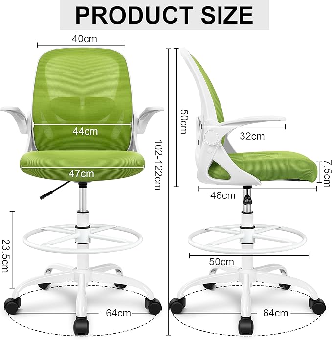 Primy Drafting Chair Tall Office Chair with Flip-up Armrests Executive Ergonomic Computer Standing Desk Chair with Lumbar Support and Adjustable Footrest Ring (Green)