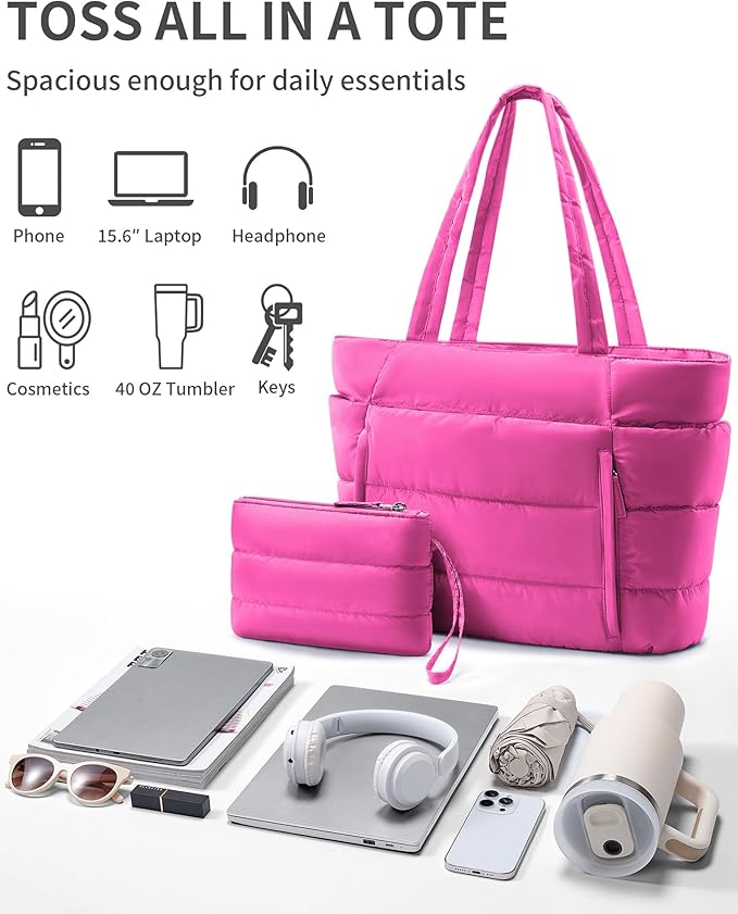 Puffer Tote Bag for Women, Lightweight Puffy Work Handbag Teacher Nurse Quilted Shoulder Bag for School Travel Gym | Quilted, with Zipper, Daily Carry On Bags, Comfy College Bags, 15.6" Laptop Sleeve, Cup Holder Pocket, Portable, Spacious