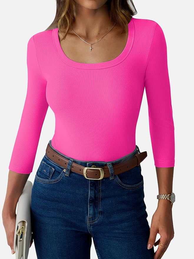 Womens 3/4 Sleeve Scoop Neck Top Ribbed Knit Slim Fitted Casual Basic Tee Shirts 2025 Fall Trendy Work T-Shirt Outfits