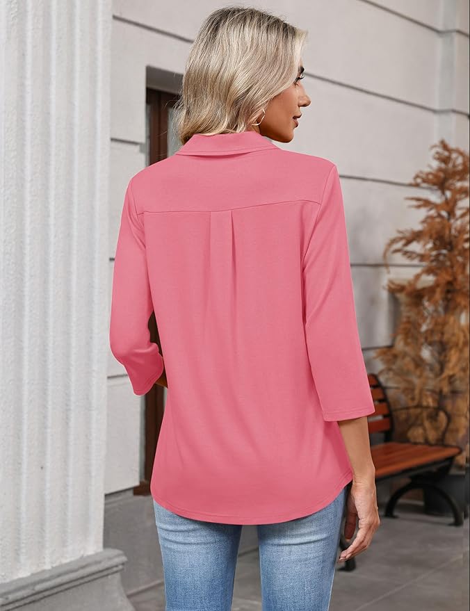 LOMON 3/4 Length Sleeve Womens Tops 2026 Spring Summer Collared Polo Shirts V Neck Casual Basic Polos Tees Shirt