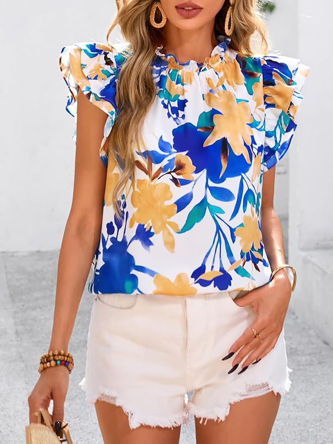 PRETTYGARDEN Women's Ruffle Short Sleeve Summer Tops 2026 Trendy Floral Trim Neck Casual Dressy Chiffon Boho Blouses Shirts