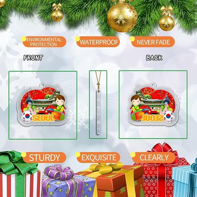 Seoul South Korea Christmas Ornament Transparent Acrylic Double Sided Tree Decoration Pendant Travel Souvenir Tourist Collection Personalized Car Backpack Accessories -4598