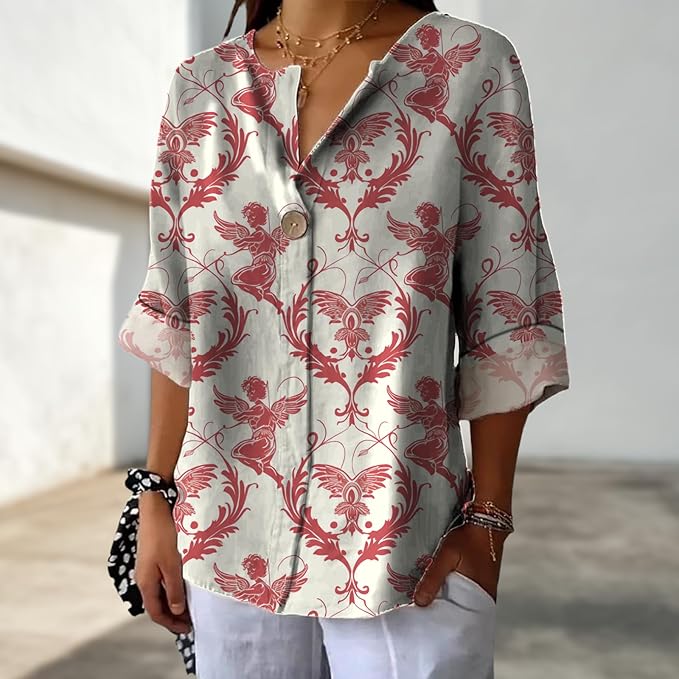 Long Sleeve Shirts for Women V Neck Button Boho Graphic Blouses Casual Collared Fashion Summer Flowing Tops