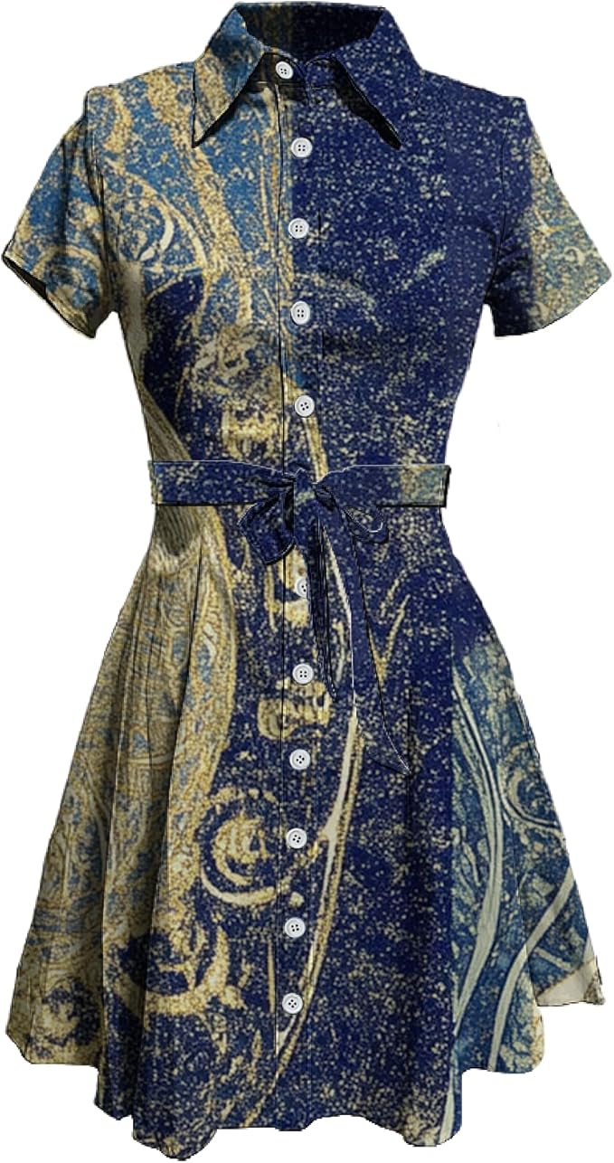 MARSVOVO Vintage Retro Shirt Dress for Women Short Sleeve Button Down Tie Waist Elegant Smocked Knee Length Dress