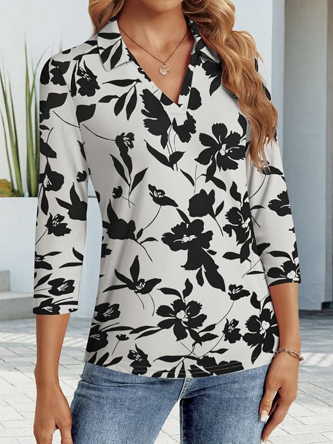 3/4 Length Sleeve Womens Tops Dressy Casual V Neck Polo Shirts Business Work Blouses 2025 Trendy Tunic Top