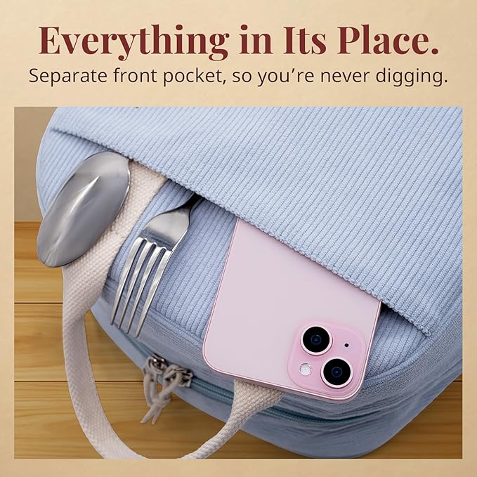 Insulated Cloud Blue Lunch Bag for Women, Stylish Corduroy Tote with Aluminum Lining, Large Capacity Reusable Cooler for Work, Travel, Beach or Picnic, Cloud Blue Water-Resistant Lunch Box