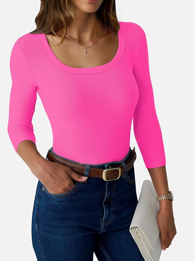 Womens 3/4 Sleeve Scoop Neck Top Ribbed Knit Slim Fitted Casual Basic Tee Shirts 2025 Fall Trendy Work T-Shirt Outfits