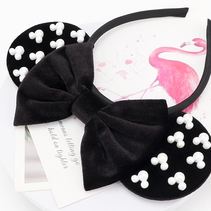 DRESHOW Mouse Ears Headbands for Women Pearl Hairbands Bow Head Bands Velvet Head Band Christmas Cosplay Costume Princess Party Decorations Halloween & Disney Trip