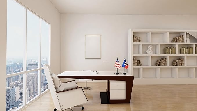 USA American & Haiti Haitian Desk Flags, US Haiti Table Flag, Small Mini American & Haitian Twin Table Office Flag, Miniature Haitian and US Desktop Flag With 13" Solid Black Pole, Black Base