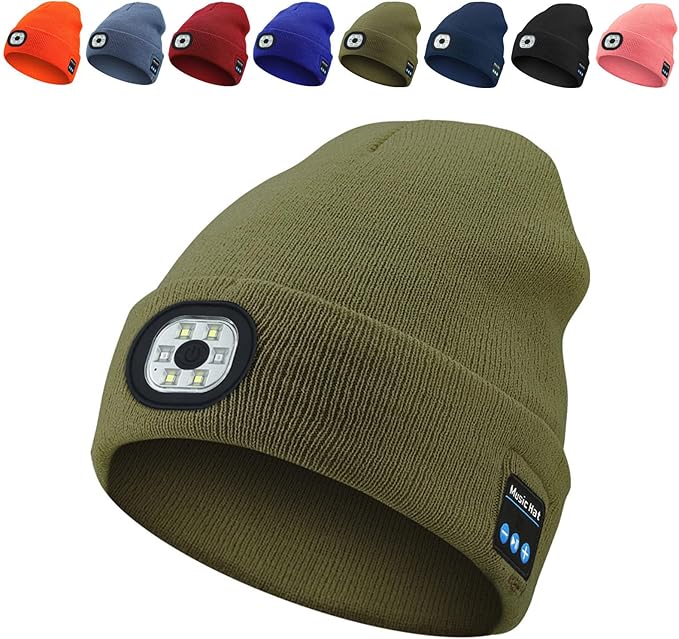 Bluetooth Beanie with LED Light & Removable Speakers, USB Rechargeable Bluetooth Beanie Hat with Light,for Men Husband Teen