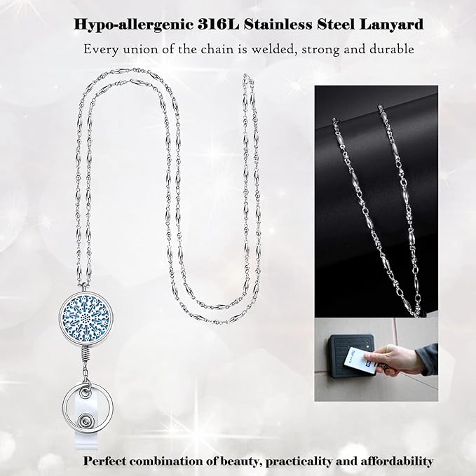 Retractable Lanyards for ID Badges Keys Teacher Lanyard Nurse Badge Reels Office Work Jewelry Diffuser Silver Chain Long Keychain Necklace ID Badge Holder with Lanyard Women Student Sparkle