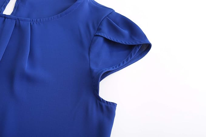 TASAMO Women's Casual Round Neck Basic Pleated Top Cap Sleeve Curved Keyhole Back Chiffon Blouse
