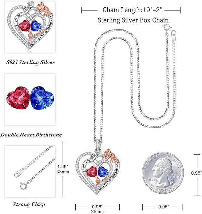 Iefil Valentines Day Gifts for Her - 925 Sterling Silver Double Birthstone Necklace, Anniversary Birthday Gifts for Women, Jewelry Gift for Wife Girlfriend Mom Her