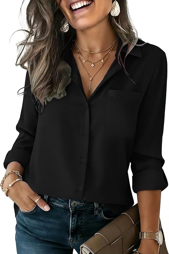 HOTOUCH Button Down Shirts for Women Long Sleeve Blouse Dressy Casual Business Work Tops with Pocket