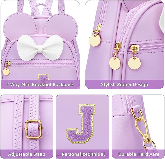 KKXIU Girls Initial Bowknot Cute Mini Backpack for Toddler, Travel Small Girl Backpacks, Personalized Valentine's Day Gifts for Little Girls and Kids(J, Purple)