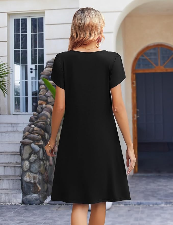 Zeagoo Women's Casual Dresses with Pockets Summer Floral V-Neck A-Line Tshirt Dress Short Sleeve Mini Dress Beach Sundress