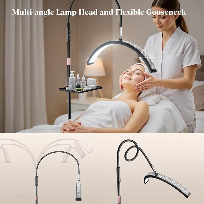 Lash Light, 23 Inch Bling Diamond Half Moon Light for Eyelash Extensions, Nail Art, Tattoo Art and Skincare, Adjustable Color Modes and Flexible, with Tool Tray (Black)