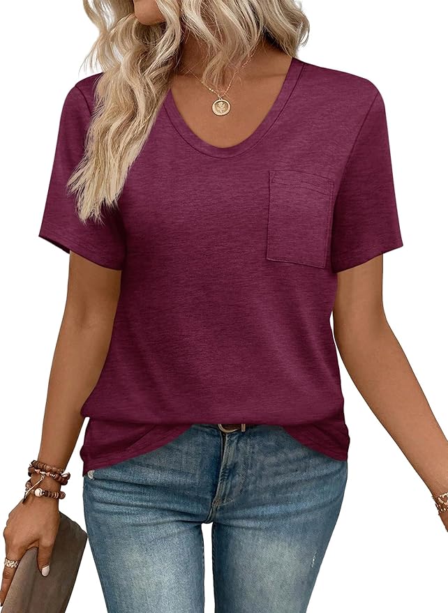 WIHOLL Women Summer T Shirts Short Sleeve Rounded V Neck Pocket Tee Tops