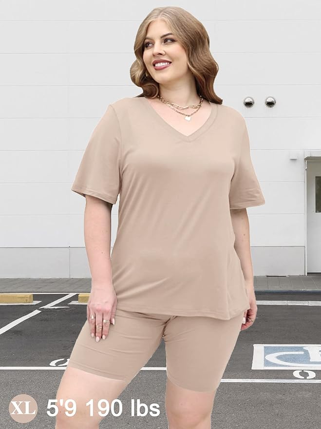 AGSEEM Two Piece Outfits For Women Summer V Neck T-Shirt Tops Biker Shorts Workout Sports Tracksuit