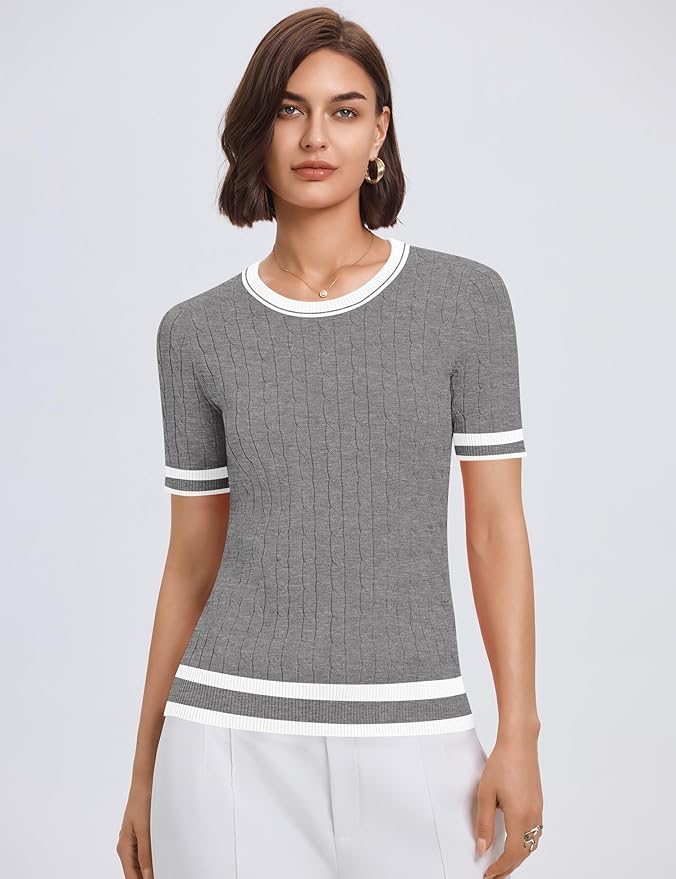 Micoson Womens Short Sleeve Cable Knit Sweater Tops Crewneck Lightweight Spring Summer Shirts Business Dressy Casual Outfits