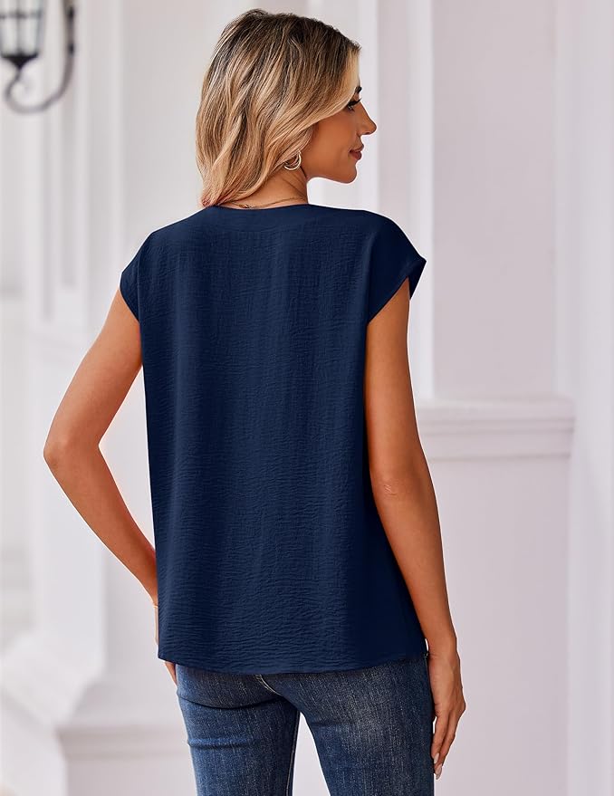 Zeagoo Womens Tops Cap Short Sleeve Textured Blouse V Neck Summer Spring Shirts Business Casual Outfits