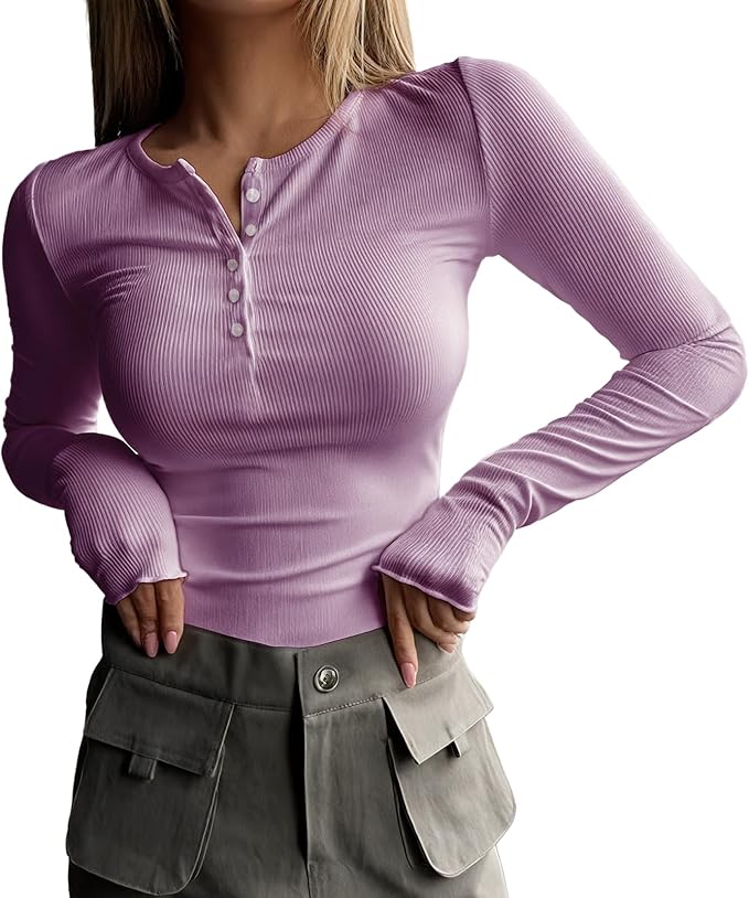 MARSVOVO Fashion Crop Tops for Women Scoop Neck Button Comfy Ribbed Slim Fit Cute Shirts Casual Party Fall Tops