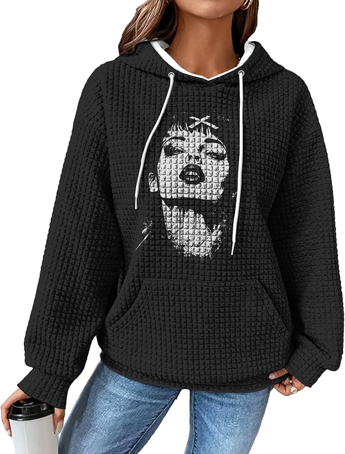 domirica Black Pullover Sweatshirts For Women Trendy Long Sleeve Waffle Sweatshirt With Hood Comfy Fall Clothing Qutfits