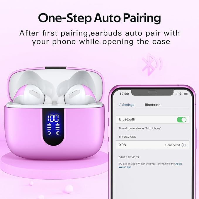 TAGRY 2 Sets X08 Sunset Pink and Black Bluetooth Headphones True Wireless Earbuds 60H Playback Ear Buds with Wireless Charging Case in-Ear Earbuds with Mic