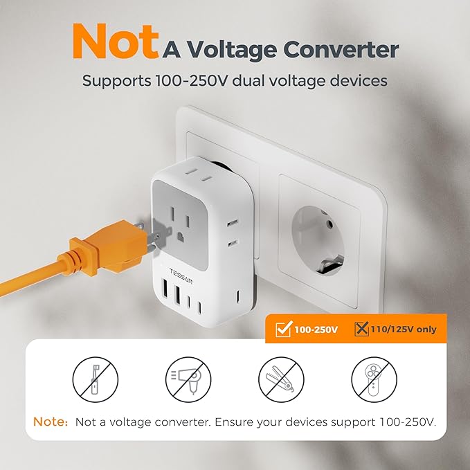 TESSAN European Travel Plug Adapter 2-Pack, US to EU Outlet Adaptor with 4 AC Outlets & 5 USB Ports (3 USB-C 28W), Type C Power Adapter for Italy France Germany Spain Greece Iceland