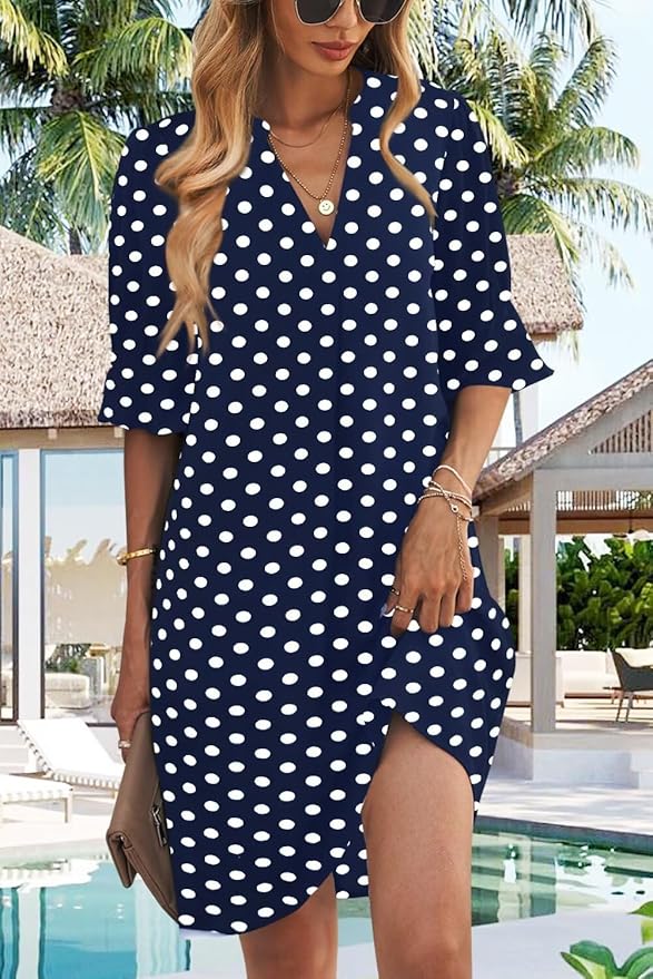 Wkior Shift Dress for Women V Neck Short Sleeves Solid Color Casual Flowy Summer Dresses(S-2XL)