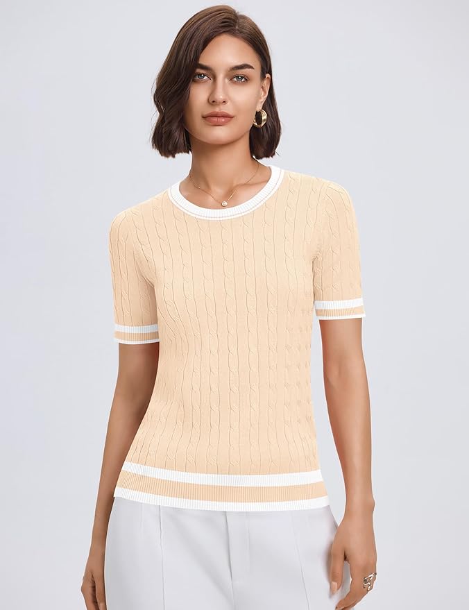 Micoson Womens Short Sleeve Cable Knit Sweater Tops Crewneck Lightweight Spring Summer Shirts Business Dressy Casual Outfits