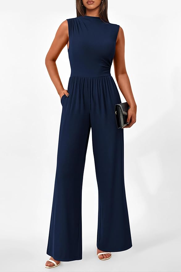 PRETTYGARDEN Womens Summer Jumpsuits Dressy Casual One Piece Outfits Sleeveless Mock Neck Wide Leg Pants Rompers with Pockets