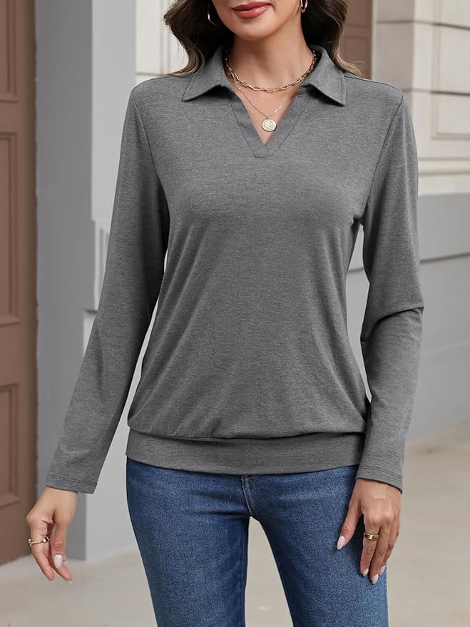 Womens Polo Shirts Long Sleeve Banded Bottom Tops Business Casual Tops Collared V Neck Blouses