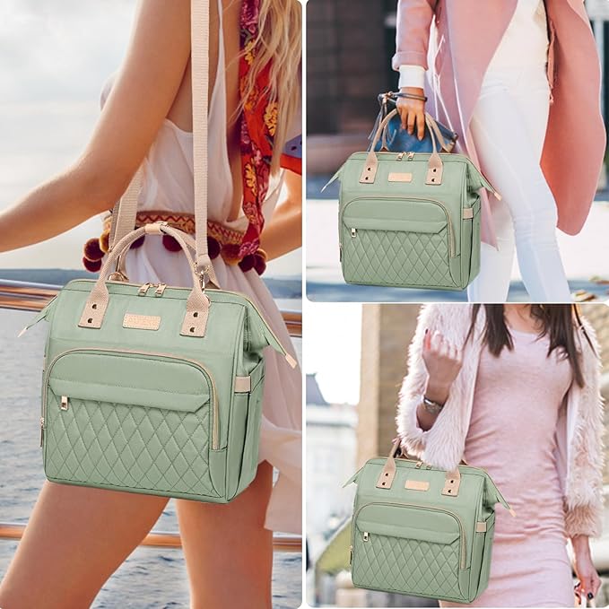 AIJIEKE Lunch Bag for Women, Leakproof & Insulated Work Lunch Box Tote, Reusable Adult Cooler Bag with Water Bottle Side Pocket & Removable Shoulder Strap, Green