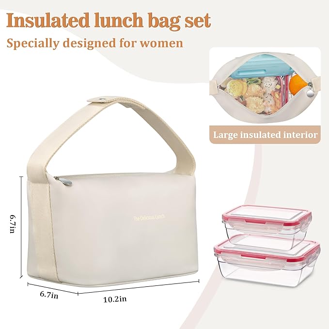 Lunch Bag Set For Women Insulated Leather Woman Lunch Bag With 2 Lunch Box Containers Spoon and Ice Pack Leakproof Reusable High Capacity Lunch Tote Bags for Work, Travel, Outdoor